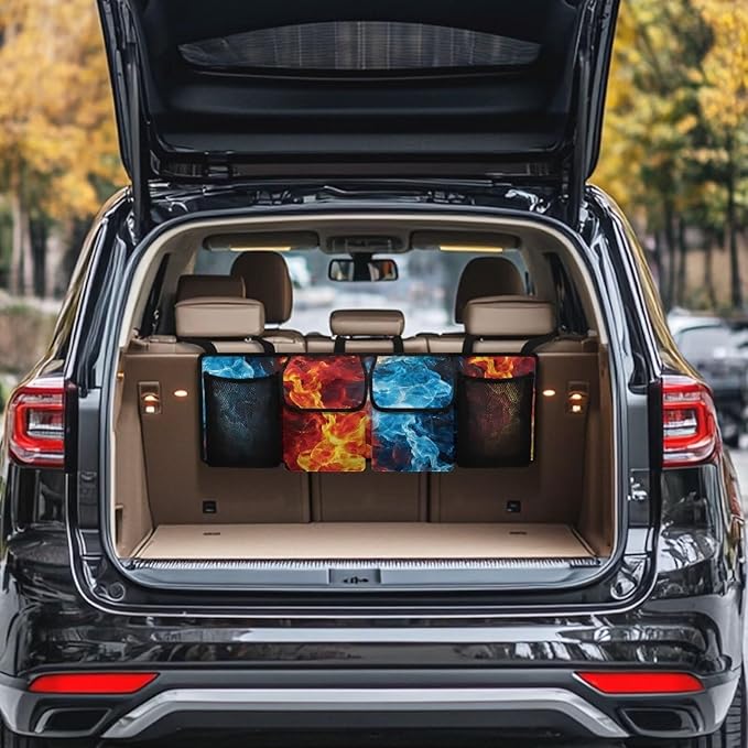 Blue Flame Trunk Organizer for SUV Back Seat Car Hanging Cargo Storage Bag 4 Pockets Car Accessories for Women Interior