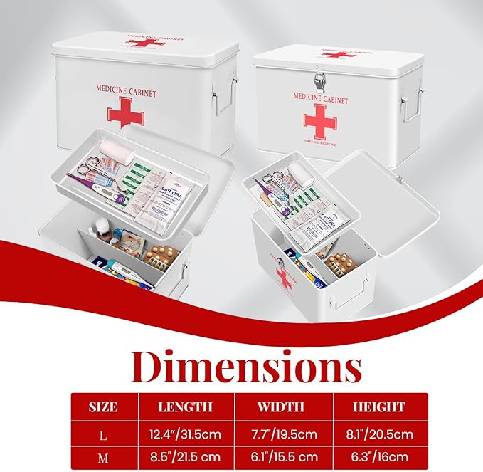 Flexzion First Aid Box Organizer Empty with Lock - 13" White Vintage First Aid Kit Tin Metal Medical Box - First Aid Storage Bin Container with Dividers, Removable Tray and Red Cross Logo