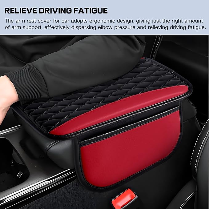 Leather Car Center Console Cover,Upgraded Center Console Cushion Pad with Side Pockets,Patchwork Arm Rest Cover for Car,Waterproof Armrest Seat Box Covers,Universal for Most Vehicles (Red)