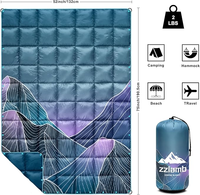 zzlamb Camping Blanket for Cold Weather,Outdoor Puffy Blanket Portable Down Alternative,Windproof Warm Cloak with Snaps,Cozy Quilt Backpacking Picnic RV Travel Plane Car Hammock Beach Climbing