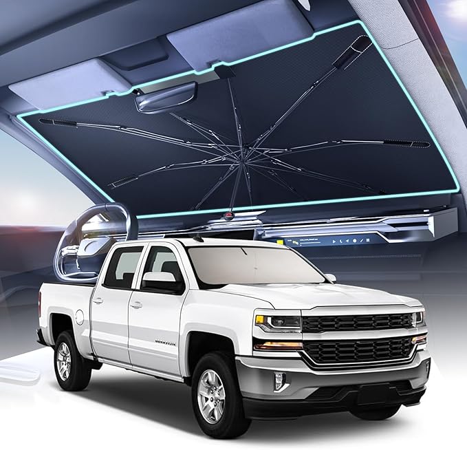 [2025 Upgrade]Coverado Sunshade for Car Windshield, UPF80+ Full-size Trucks/SUVs Windshield Sun Shade Blocks Heat & UV Rays, Thickened Vinyl Coating Keep Cool and Protect Interior, Foldable L 61”x34”