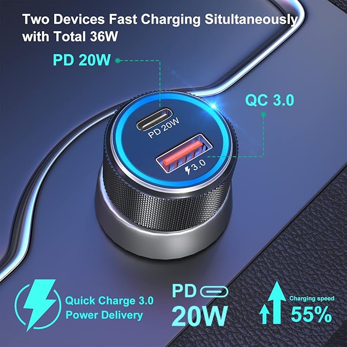 USB C Car Charger 5 Pack, Bangfun 36W Dual Port PD&QC 3.0 Fast Charging 12V USB Car Charger Cigarette Lighter Adapter Plug for iPhone 15 14 13 12 11 Pro Max SE,iPad,Samsung,Pixel(Black)