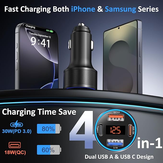 5 Pack Car Charger USB C, 65W Multi Port Dual 12V Cigarette Lighter USB Car Charger Adapter with Voltmeter PD/QC 3.0 Super Fast Charge Car Phone Charger for iPhone 17 16e 15 14 Pro Max Galaxy Android