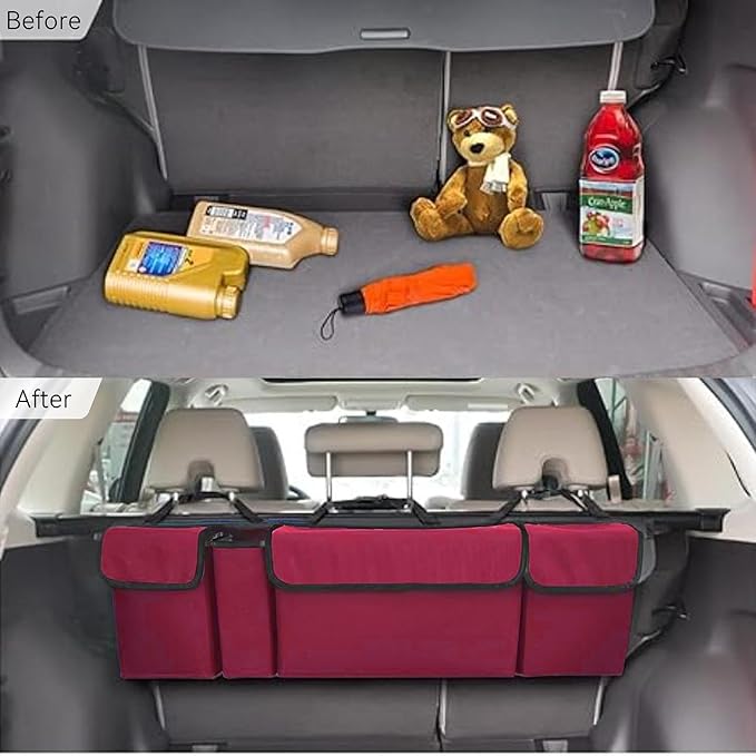 Car Trunk Organizer, Backseat Hanging Large Storage with Adjustable Straps,Waterproof PVC Collapsible Cargo Bag, Car Interior Accessories for Auto SUV MPV (Red)