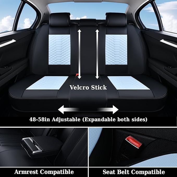 Coverado Leather Seat Covers, Car Seat Covers Full Set, Waterproof Nappa Leather Car Seat Cover, Car Seat Protectors 5 Seats, Black & Blue Automotive Seat Covers Fit for Most Cars Trucks
