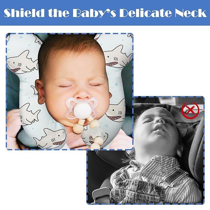 Baby Head Support Pillow for Newborn Toddler, Baby Neck Pillow Upgraded Comfortable Sleep Cushion for Car Plane Stroller Pushchair - Shark A
