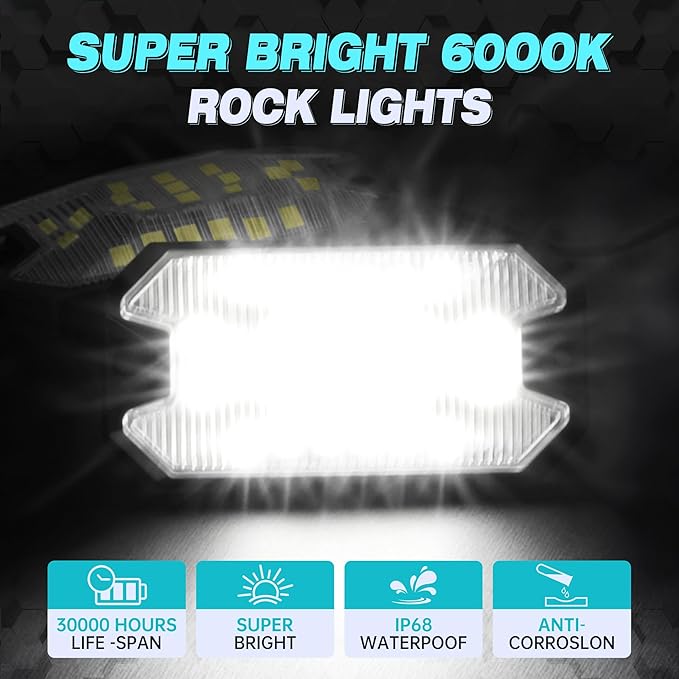 16 Pods Pure White Rock Lights, 6000K Pure White 27 LEDs Super Bright LED Underglow Neon Light, 10m Extension Wire, IP68 Waterproof for Trucks Pickup SUV UTV ATV RZR Car Boats
