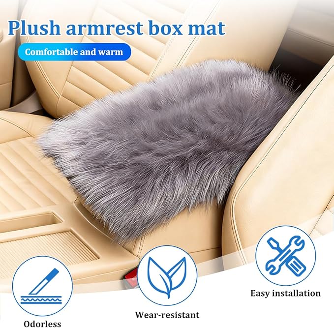 Car Center Console Cover, Fluffy Soft Vehicle Middle Console Arm Rest Cushion Pad, Furry Automotive Interior Armrest Seat Box Protector Decoration Accessories, Universal Fit (Light Gray)