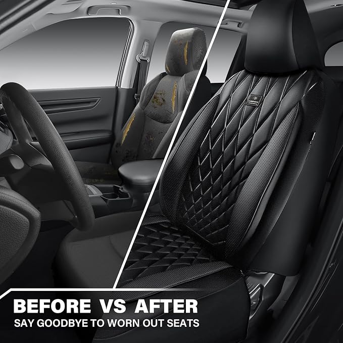 CAR PASS Nappa Leather Rav4 Front Seat Covers Custom Fit for Toyota Rav4 2019-2024, Camry 2018-2024, Corolla 2020-2025, Luxury Premium Anti-Slip Waterproof 2 Pack Seat Cover, Airbag Compatible Black
