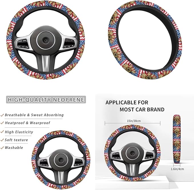 American Flag Steering Wheel Cover Car Accessories for Women Sunflower Print Car Armrest Cover Handbrake Coer Auto Interior Sets-6pcs