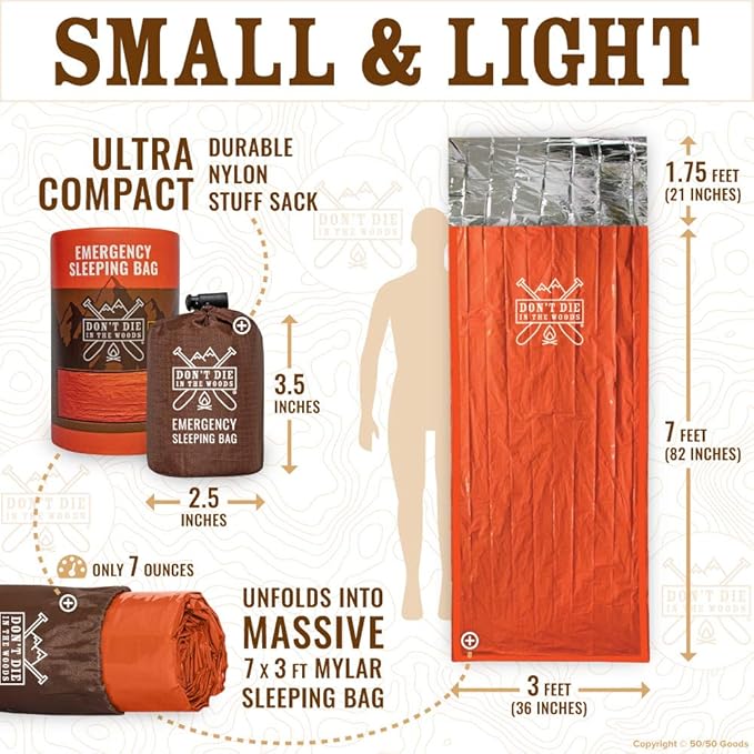 Don’t Die in The Woods - Emergency Sleeping Bag with Hood - Made with Extra Thick Thermal Mylar - 10 Essentials Hiking Camping Blanket, Survival Gear Tactical Car Disaster Bug Out First Aid Kits