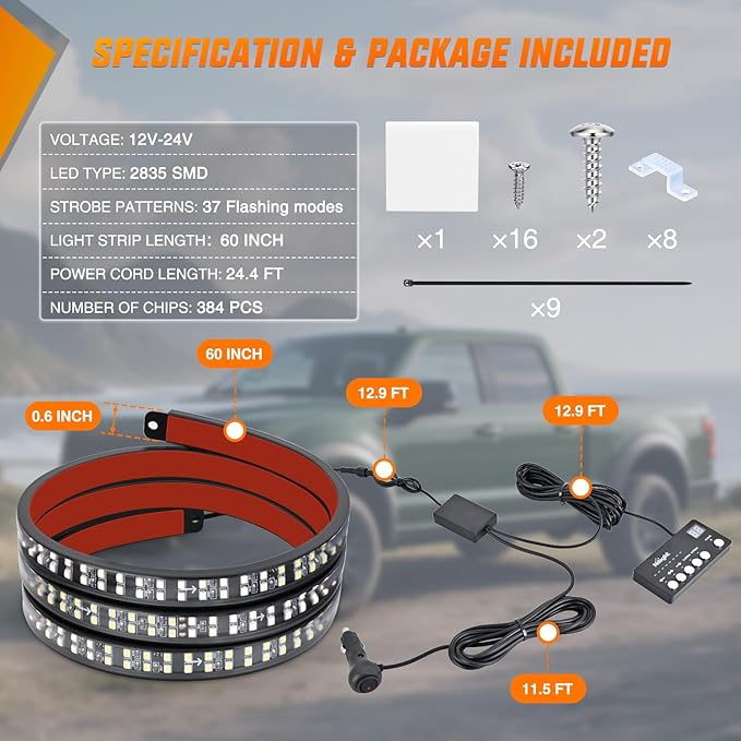 Nilight 60 Inch Emergency Strobe Light Strips with Controller, 384LED Flashing Warning Hazard Safety Rear Window Tailgate Lights for Truck Trailer Construction Plow Pickup Tow SUV Vehicles, Red White