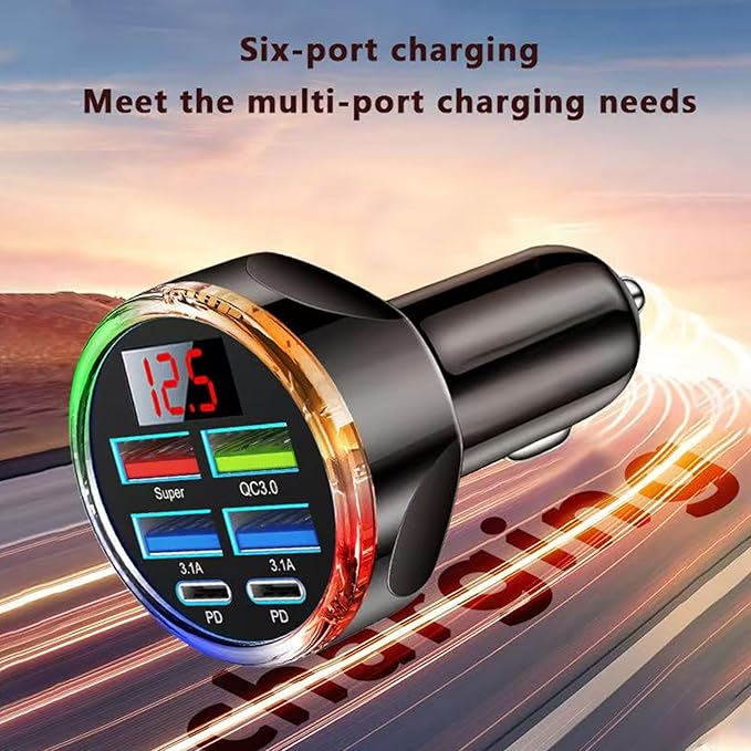 Super Fast Charge USB C Car Phone Charger Adapter 6 in 1 with Voltage Display, 250W Multi Port Cigarette Lighter USB Charge for iPhone 17 16 15 14 13 12 11 Samsung Galaxy Huawei Oneplus Oppo Vivo