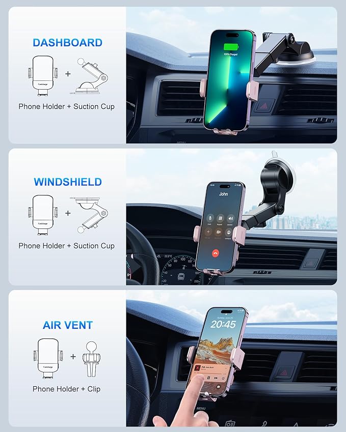 CHGeek Wireless Car Charger, 15W Fast Charging Auto Clamping Car Charger Phone Mount Phone Holder fit for iPhone 15 14 13 12 11 Pro Max Xs, Samsung Galaxy S24 Ultra S23 S22 S21, S20, S10+, Pink