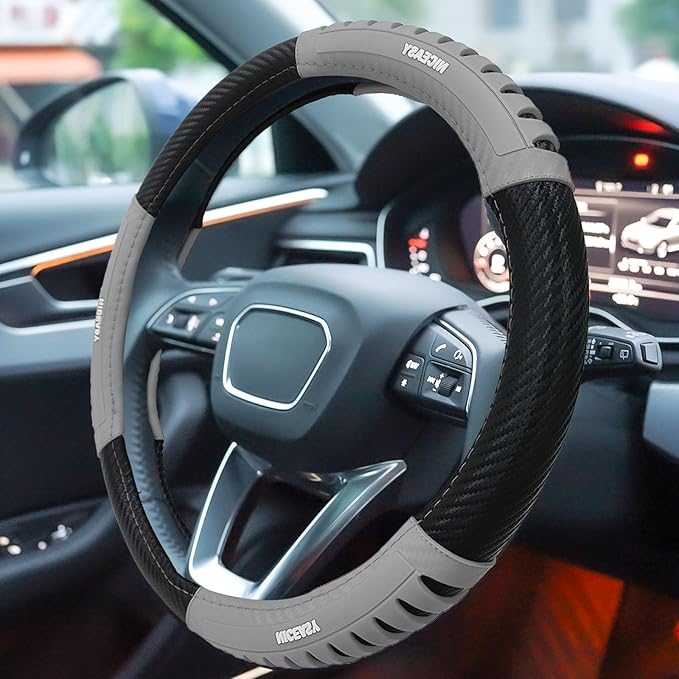Sport Style Black Carbon-Fiber Steering Wheel Cover with Grey Grip Steering Wheel Accessory,Universal Fit 14.75-15 inch Steering Wheel