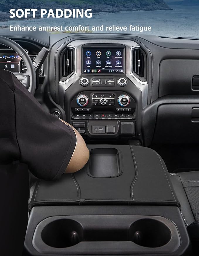 Center Console Armrest Cover for Chevy Silverado 1500 Accessories & GMC Sierra 2019-2026, Yukon & Tahoe & Suburban 2021-2026, Bucket Seat, Comfort Arm Rest Cushion Pad, Black-Gray Stitch