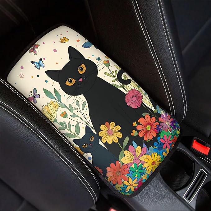 Dreaweet Car Armrest Cover Cute Black Cat Floral Car Accessories for Women Car Center Console Pad Universal Fit Armrest Cover Protector for Cars,SUV,Trucks
