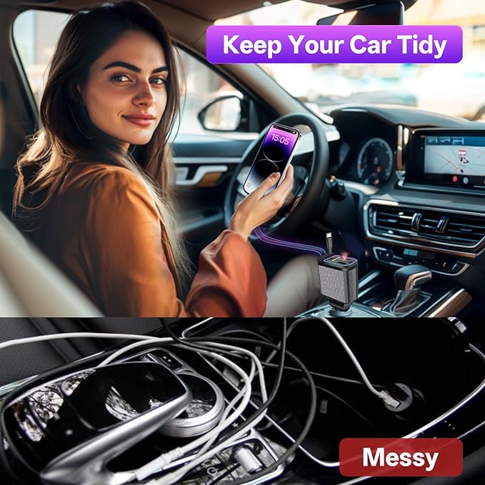 BERTHALESS Retractable Car Charger, 4 in 1 Fast Charging Car Charger USB-C & USB-A Compatible with iPhone 16/15/14/13/12/11,Galaxy,Pixel