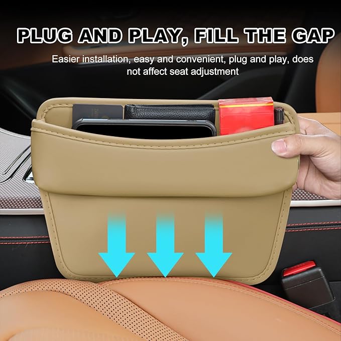 DXNQ Large Capacity Car Seat Gap Filler Organizer, Leather Car Front Seat Slot Storage Box Keeps Car Tidy, Portable Car Seat Gap Filler with 2 Charge Holes for Phones Glasses Keys Cards (Beige)