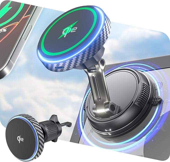 Q2 15W for Magsafe Car Mount Charger, [78+LBS Stronger Vacuum Suction] 360° Adjustable & Fast Charging Magnetic Phone Holder for Vent/Dashboard/Windshield/All Car Surface