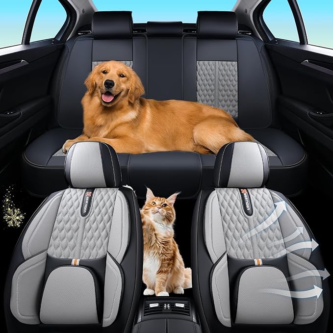 Car Seat Cover Set, Black and Gray, Automotive Interior Accessories, with Lumbar Support, Premium Nappa Leather, Waterproof, Protects and Upgrades Your Car Interior, Fits Most Vehicles