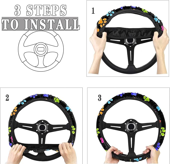 AFPANQZ Puppy Paw Prints Car Steering Wheel Covers Sweat Absorption Comfortable Grip Universal 14-15 inch Stretch-on Fabric Keep Warm Steering Wheel Protector for Women Gift Black Colored