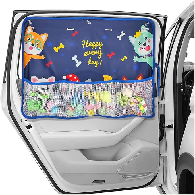 Car Window Shade for Baby, Blackout Car Window Curtain with Storage Pockets & 7 Suction Cups, Cartoon Pattern Cars Side Window Sun Shade Cover for Sun/Heat/UV Rays Protection (Blue-Cute Dogs)