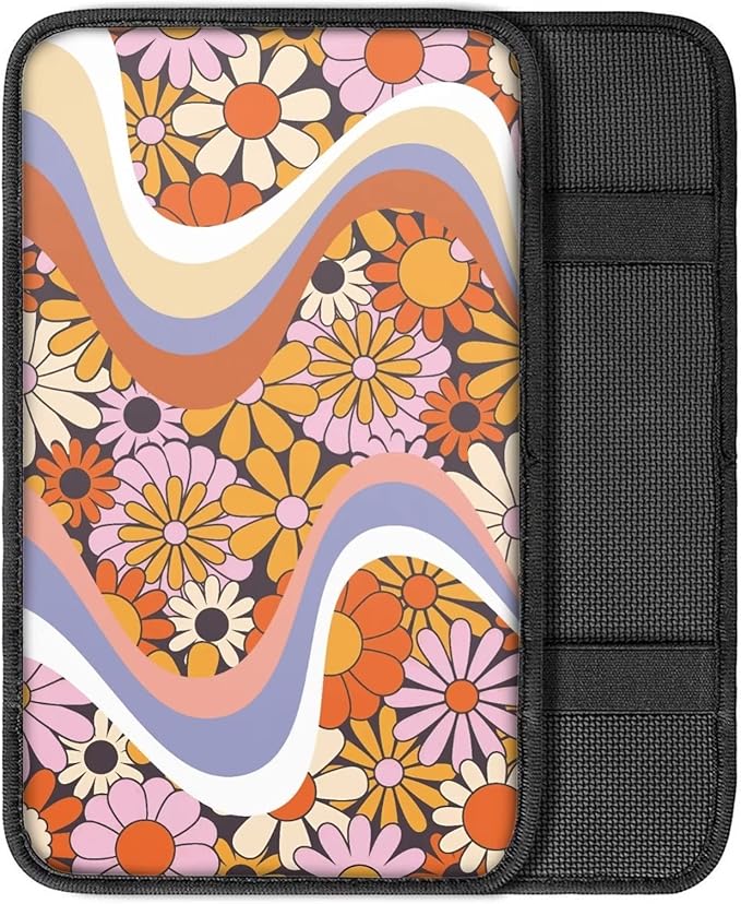 UNICEU Cute Daisy Flower Twirl Print Car Center Console Armrest Cushion Cover Auto Accessories for Women Neoprene Car Armrest Box Protector Pad