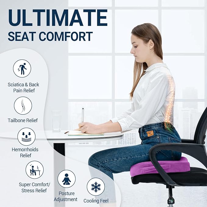 Season Guard Tailbone Pain Relief Office Chair Seat Cushion, Memory Foam Gel Seat Cushion for Sciatica Pain Relief with Washable Cover, Butt Cushion for Long Sitting, Velvet, Purple