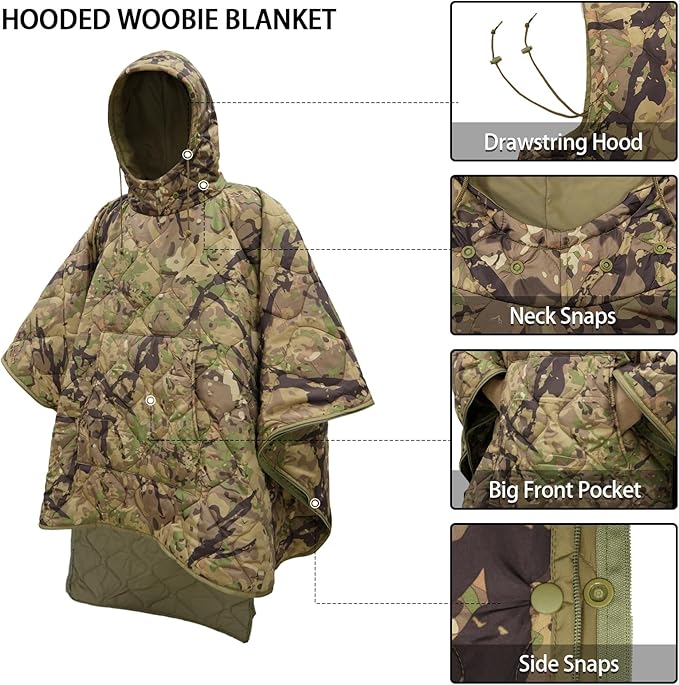 Poncho Liner Hoodie with Pocket Insulated Military Sleeping Bag Waterproof for Outdoor Camping Travel Survival Hunting Car Emergency