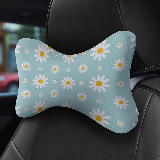Car Headrest Pillow Compatible with Sky Blue Daisy Flowers, Cartoon Neck Pillow for Car, 2 Pcs Comfortable Soft Car Seat Pillow for Driving,Head Rest Cushion, Cute Neck Pillow for Travel