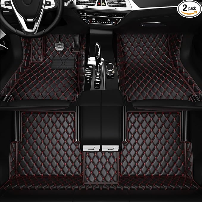 All-Weather car Floor MATS-Suitable for 99% of car Models,Leather car mat, offering Personalized Embroidery and Multiple Color Options,Provide Protection for car Rug (Black red)