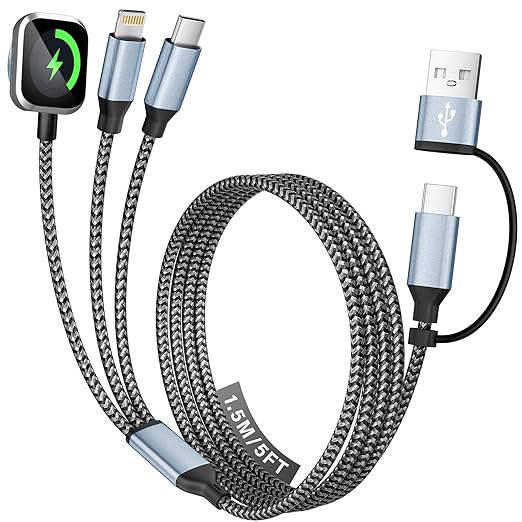 Travel 3 in 2 Charging Cable for iWatch Charger, Travel Essentials UB-A/USB-C Multi Charging Cable/Cord for All Devices Compatible for iWatch Ultra/SE/10-1, iPhone16 15 14, Android-5FT