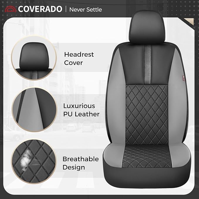Coverado Car Seat Covers Full Set, Automotive Leather Seat Covers for Car，Universal Fit Front Back Seat Cover, Non-Slip Waterproof Breathable Car Seat Protector