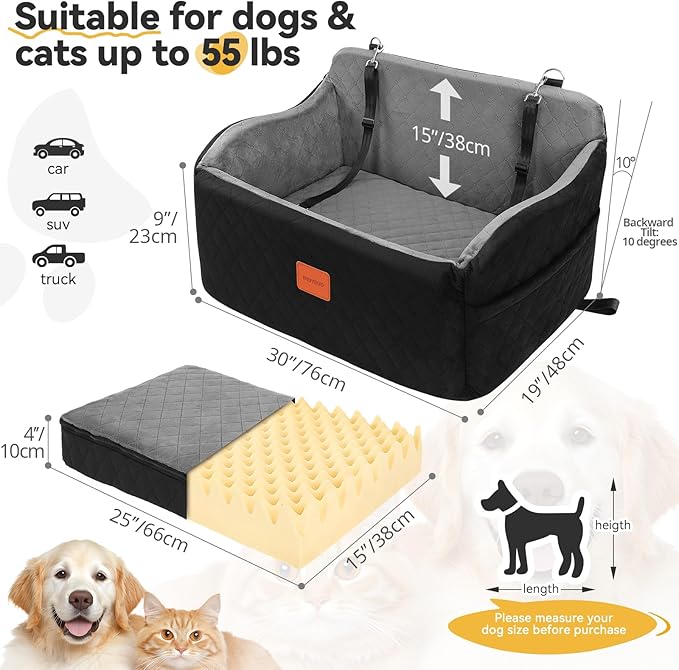 Dog Car Seat for Medium/Large Dogs, Memory Foam Pet Booster Seat for Under 55 lbs or 2 Small Dogs, Detachable Dog Car Bed for Backseat with 2 Safety Leashes and Pockets(Black/Grey, Large)