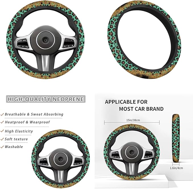 Sunflower Car Accessories 6pcs Set Leopard Hippie Steering Wheel Cover Handbrake Gear Cover Cup Coasters Set for Truck SUV