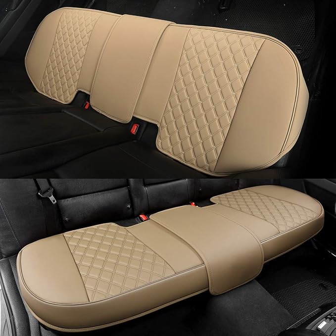 Black Panther Luxury PU Leather Rear Car Seat Cover, Compatible with Most Vehicles with 5 Seats, Adjustable Length 49-55'', Diamond Pattern Embroidery (Beige)