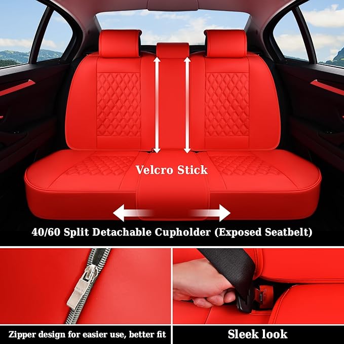 Coverado Full Set Car Seat Covers, 5-Seat Universal Faux Leather Waterproof Seat Covers, Front & Back Car Seat Protectors, Red Leather Seat Covers Fit for Most Vehicles-Red
