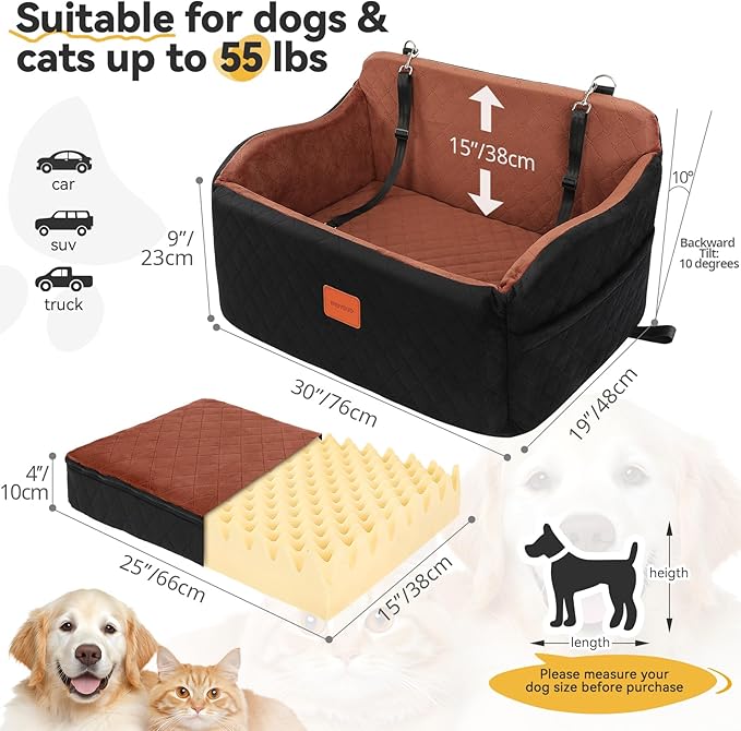 Dog Car Seat for Medium/Large Dogs, Memory Foam Pet Booster Seat for Under 55 lbs or 2 Small Dogs, Detachable Dog Car Bed for Backseat with 2 Safety Leashes and Pockets(Black/Brown, Large)
