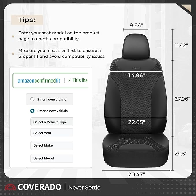 Coverado Seat Covers Full Set, 5 Seat Black Car Seat Covers, Leather Car Seat Protectors, Automotive Front and Back Seat Covers, Waterproof Car Seat Cushions Universal Fit for Most Sedan, SUV, Truck