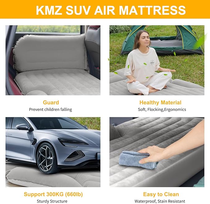 KMZ SUV Air Mattress Thickened and Double-Sided Flocking Travel Camping Bed with 2 Pillows & Pump Dedicated Mobile Cushion Inflatable Bed for SUV Trunk and Rear Seat (Light Gray)