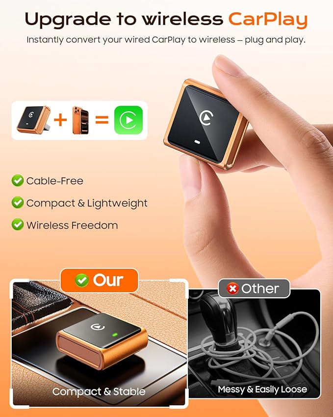 2026 Wireless CarPlay Adapter for Apple Only, Upgrade Mini Aluminium Car Play Adapter Converts Wired to Wireless CarPlay for iPhone, Plug & Play, Auto Connect Fast and Stable, with USB-C, CosmicOrange