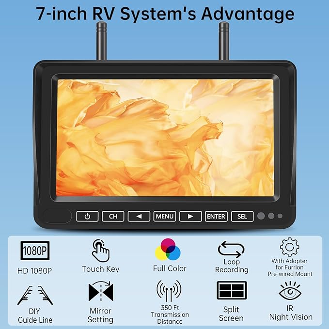 Wireless Backup Camera for RV Truck: 7" 1080P HD Monitor System with Dual Antennas, 350ft Stable Range, IP69K Waterproof, IR Night Vision, 4-Channel DVR Loop Recording for Trailer Camper Pickup