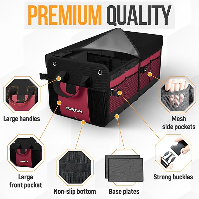 FORTEM Trunk Organizer For SUV Car Organizer and Storage, Collapsible Multi-Compartment Storage Bag Car Accessories for Women Men, 1680D Oxford, Non Slip Bottom, Adjustable Straps, Soft Cover (65L)