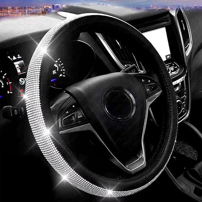 Bling Diamond Leather Steering Wheel Cover, Pink Steering Wheel Covers for Women Girls with Crystal Rhinestones, Universal Fit 14.5-15 Inch Car Steering Wheel Bling Cover Accessories