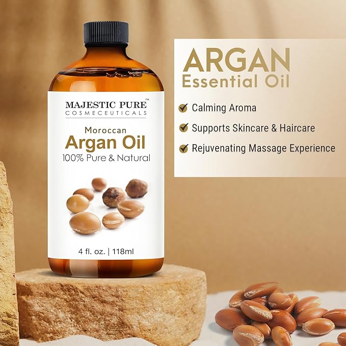 Majestic Pure Essential Oil with Glass Dropper - 100% Pure and Natural - Essential Oils for Diffuser, Aromatherapy, Soap and Candle Making, Moroccan Argan Essential Oil, Moroccan Argan Oil, 4 Fl Oz