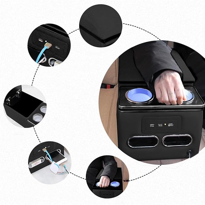 Black Universal Truck Seat/Bench Organizer with LED Light, USB Port, Cup Holders, Armrest, Padded Top Lid - Ideal for Business Upgrade Center Console Organizerand