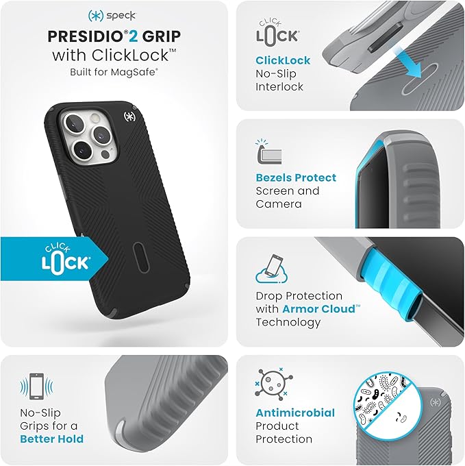 Speck Black iPhone 16 Pro Case MagSafe and ClickLock - Slim Phone Case iPhone 16 Pro - iPhone 16 Pro Phone Case - Presidio 2 Grip - Black/Slate