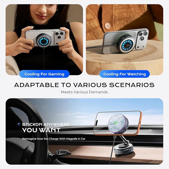 Qi2.2 Wireless Charger【25W Fast Charging+Instant Cooling】 Magnetic Charger Pad with Cooling Fan,LED Light Phone Holder Fast Charging Compatible with iphone17/16/15/14/13/12 Series
