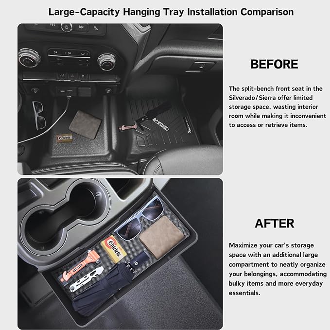 Large-Capacity Hanging Tray for 2019-2026 Chevy Silverado/GMC Sierra 1500, 2020-2026 Silverado/Sierra 2500HD 3500HD Accessories Center Console Organizer (Applicable only to Split Bench Seat)
